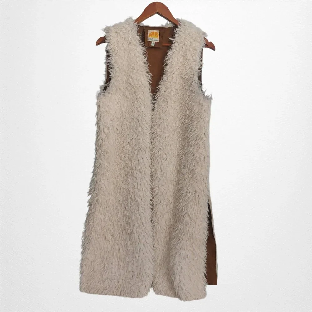 Faux Fur Cardigan Vest M White Brown Faux Suede Boho Chic Cabincore Open Front - Picture 1 of 10